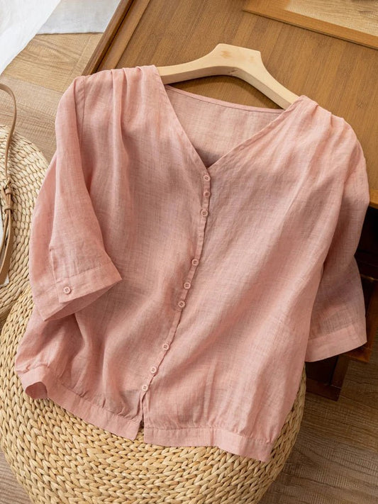 Pure Color V Neck 3/4 Sleeve Casual Linen Shirt Top