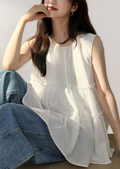 Elegant White O-Neck Ruffled Cotton Tanks Sleeveless