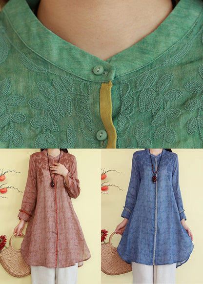 Vintage Green Button Thin Patchwork Linen Blouses