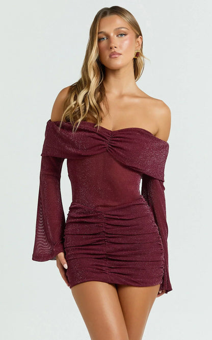 Rumi Mini Dress - Glitter Tulle Off Shoulder Ruched Dress In Wine