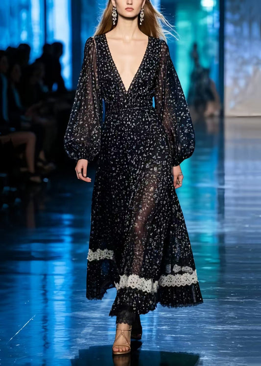 Casual Black Print Patchwork Lace Chiffon Long Dresses Summer