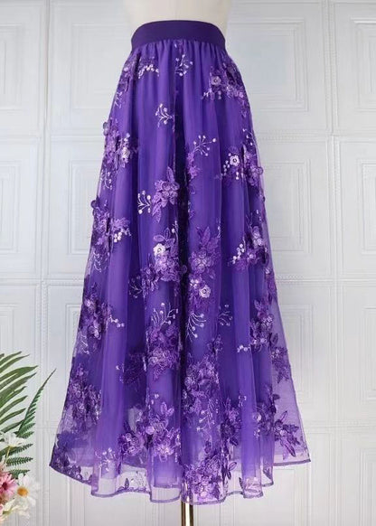 Beautiful Coffee Embroidered High Waist Tulle Skirts Spring