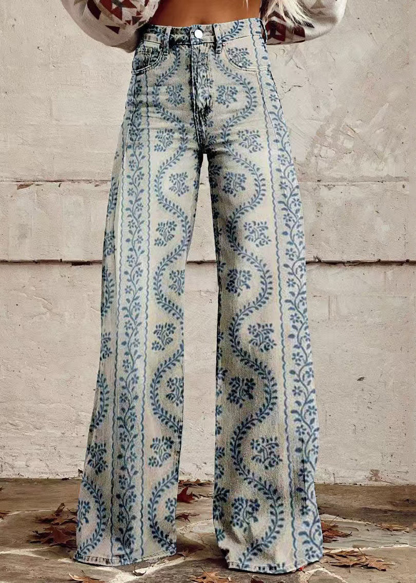 Chic Blue Print Pockets Denim Wide Leg Pants Spring