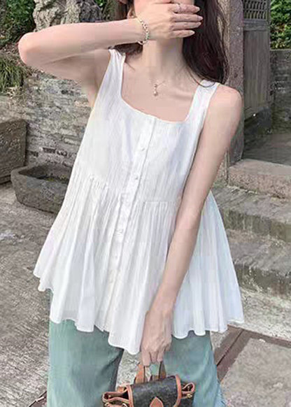 Women White Square Collar Wrinkled Cotton Shirt Sleeveless