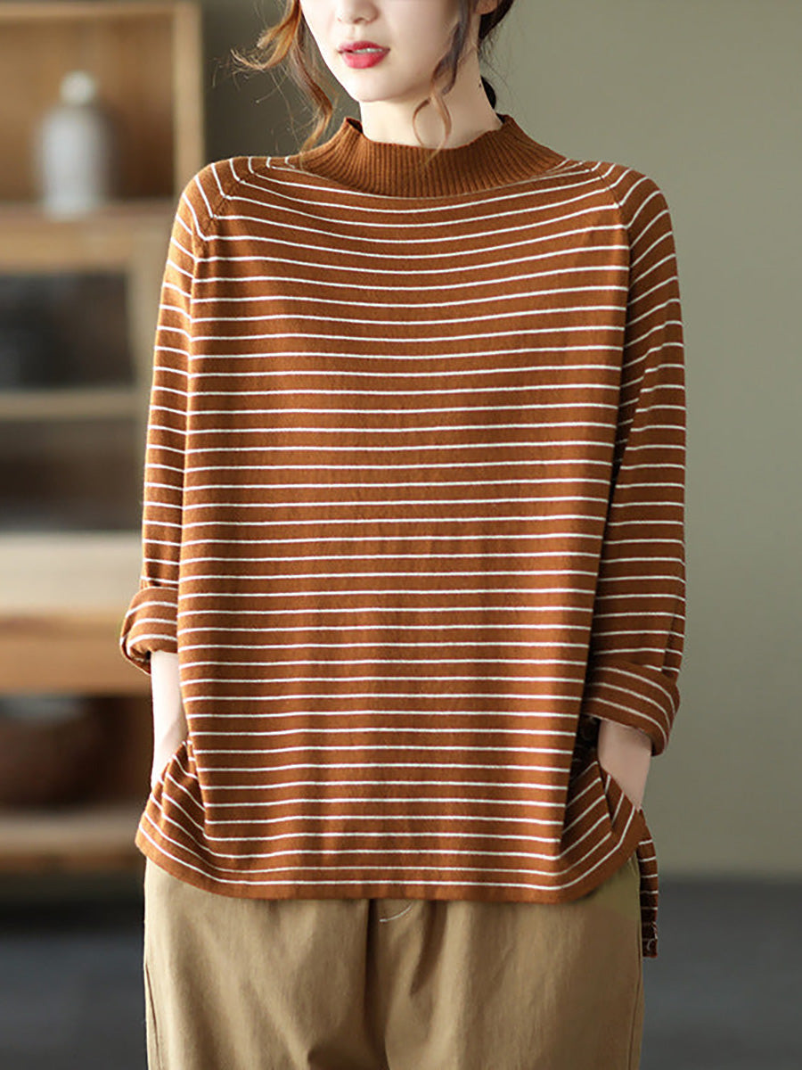 Plus Size - Stripes Turtleneck Knitted Long Sleeve Sweater