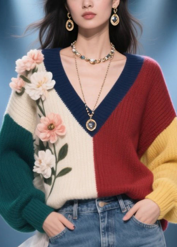 Style Colorblock V Neck Floral Knit Pullover Fall