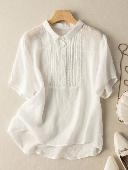 Solid Color Short Sleeve Casual Linen Pleated Top