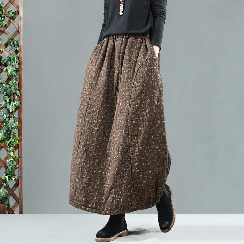 Retro Cotton Linen Quilted Thick Print Floral Skirt