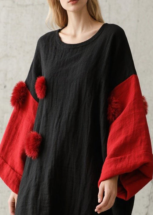 Vintage Black Oversized Patchwork Fuzzy Ball Decorated Long Dress Fall