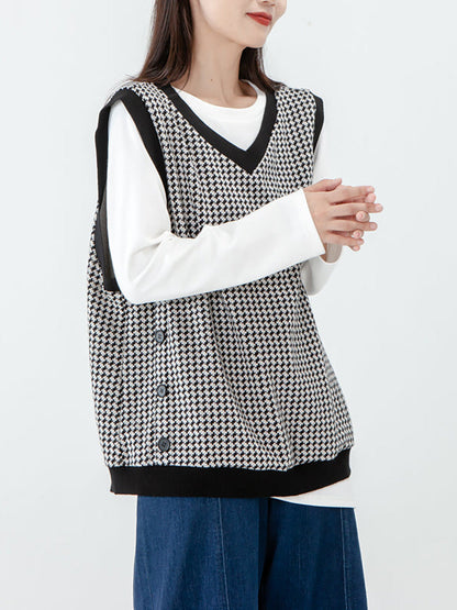 Plus Size - Women Plaid Knitted Vest Pullover Sweater
