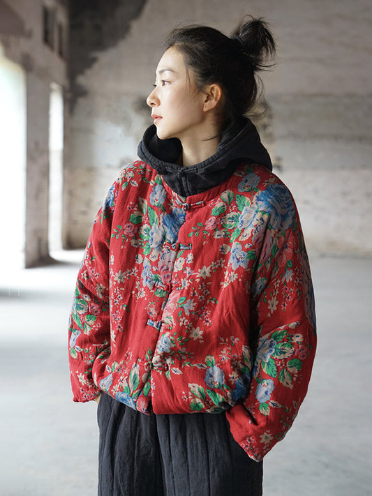 Women Vintage Print Two-Piece Hooded Thick Padded Coat