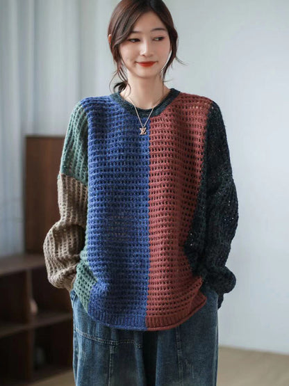 Women Plaid Hollow Out Long Sleeve Pullover Sweater