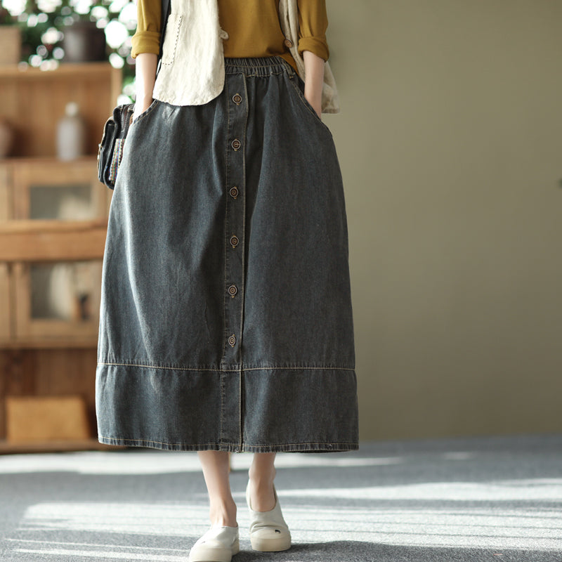 Retro Cotton Patchwork A-Line Split Denim Skirt