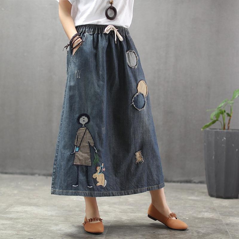 Cozy Thin Cartoon Embroidered Patch Swing  Denim Skirt