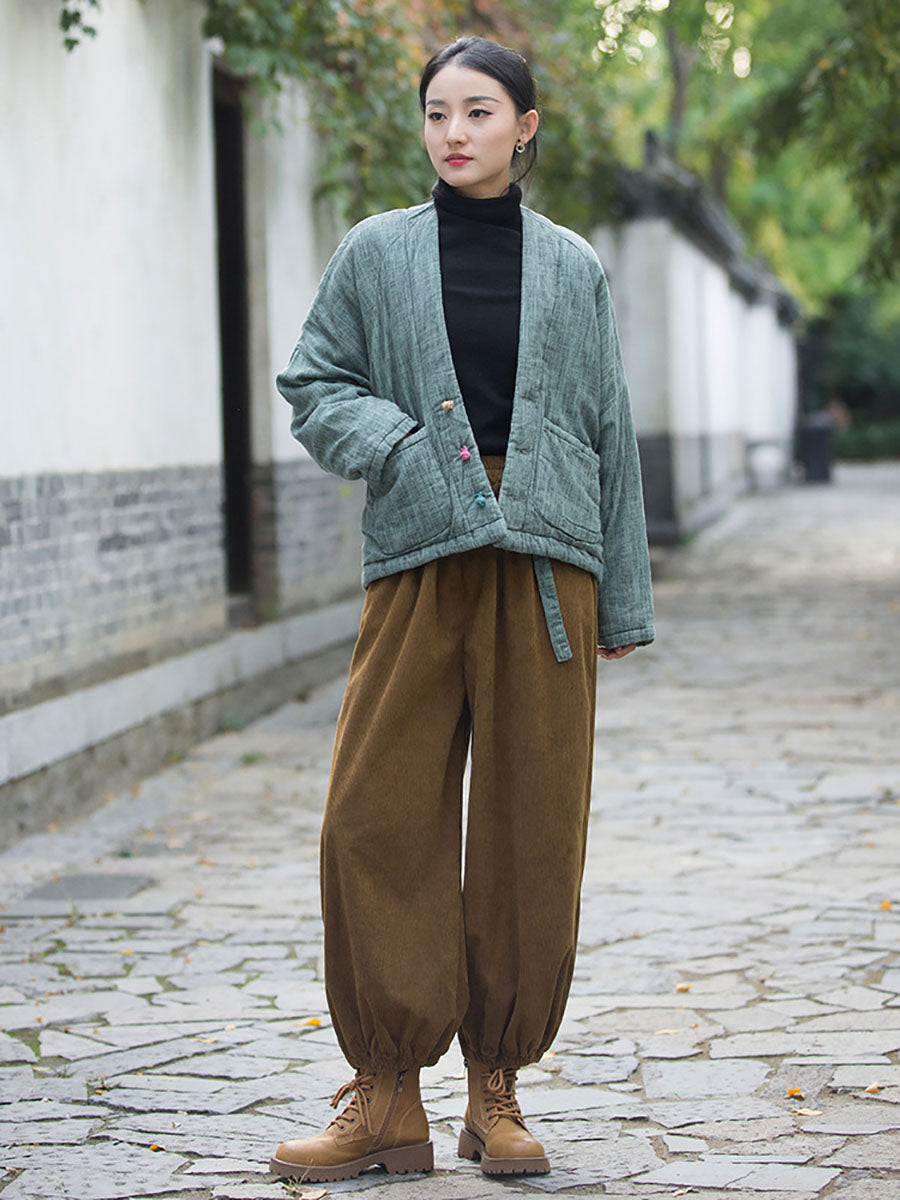 Women Winter Artsy Worn Solid Button Pocket Linen Coat