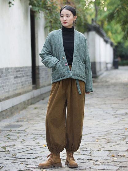 Women Winter Artsy Worn Solid Button Pocket Linen Coat