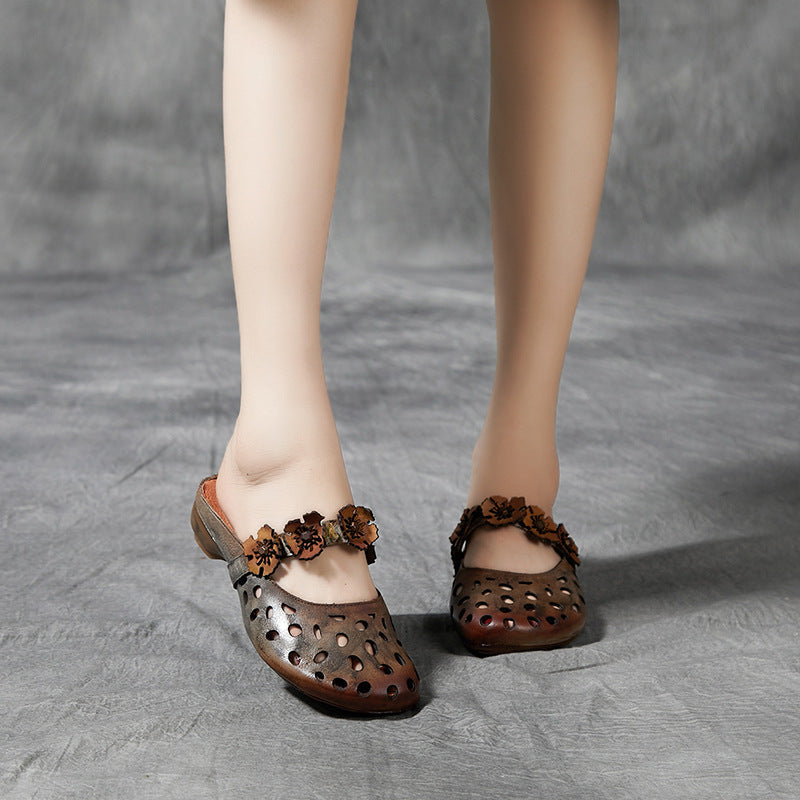 Women 2022 Vintage Floral Hollow Leather Slippers