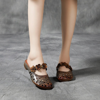Women 2022 Vintage Floral Hollow Leather Slippers