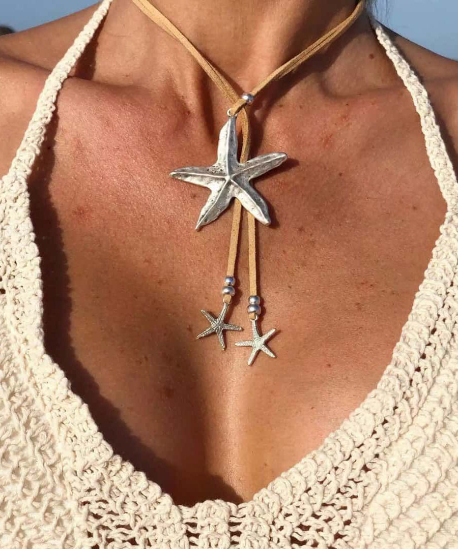 Bohemian Light Yellow Alloy Leather Starfish Pendant Necklace
