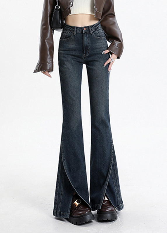 Vintage Blue Asymmetrical Pockets Patchwork High Waist Denim Flared Trousers Spring