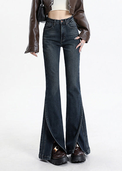 Vintage Blue Asymmetrical Pockets Patchwork High Waist Denim Flared Trousers Spring