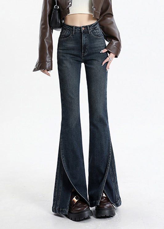 Vintage Blue Asymmetrical Pockets Patchwork High Waist Denim Flared Trousers Spring