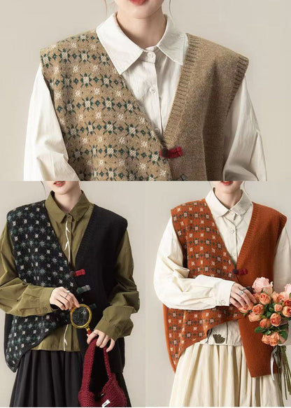 Vintage Black Asymmetrical Chinese Button Knit Vests Winter