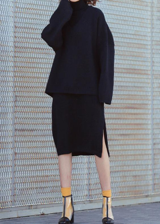 Set female 2024 large size turtleneck sweater suit skirt black two-piece long paragraph over the knee