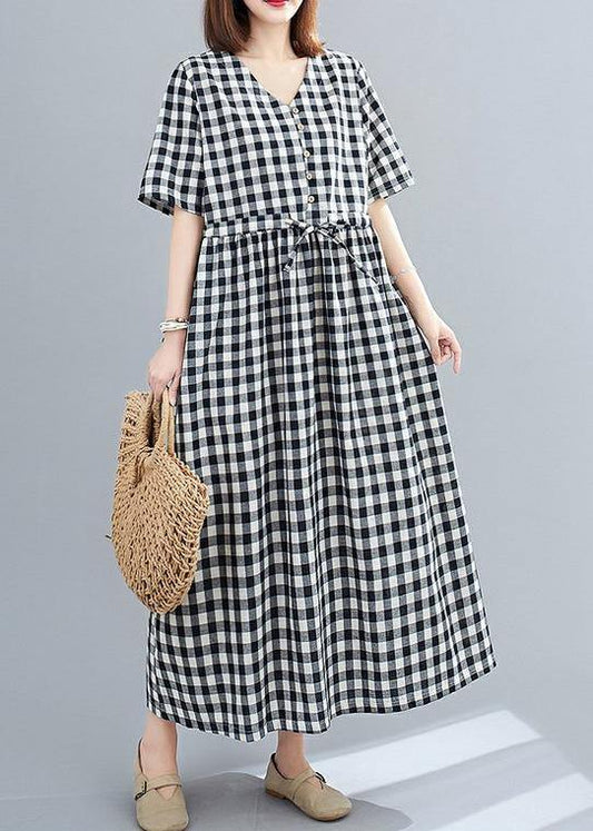 Organic v neck drawstring cotton clothes For Women Tutorials black Large plaid Dress