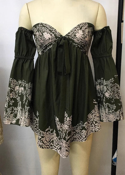 Sexy Green Cold Shoulder Print Cotton Holiday Dress Spring
