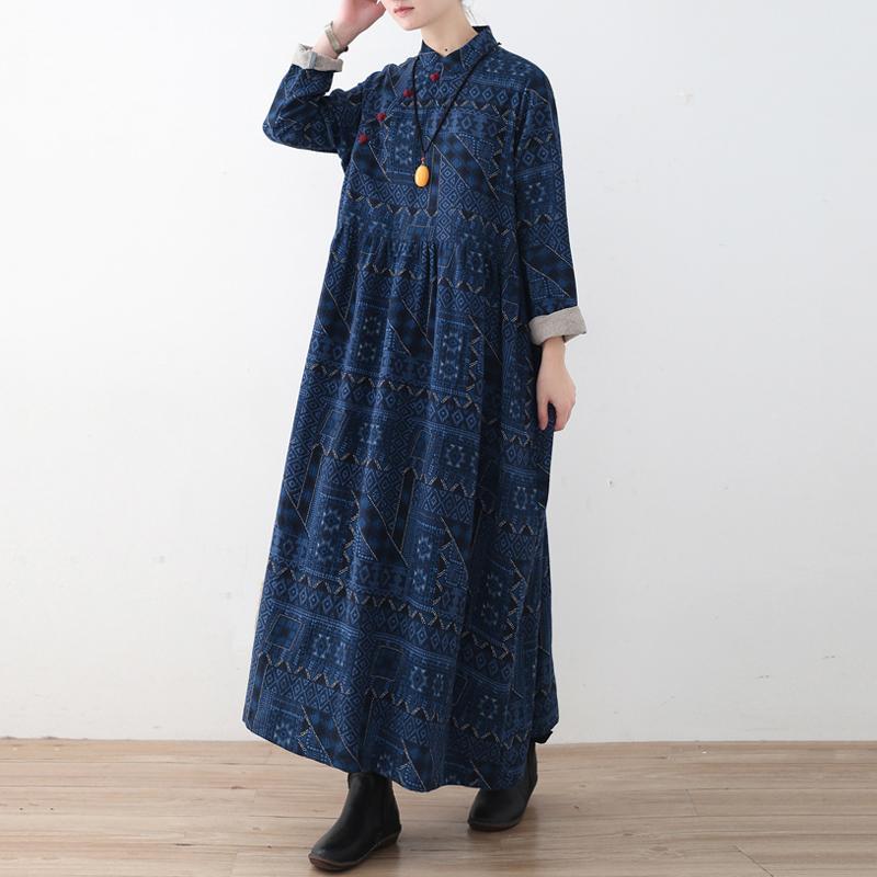 Blue Loose Vintage Button  Linen Print Dress