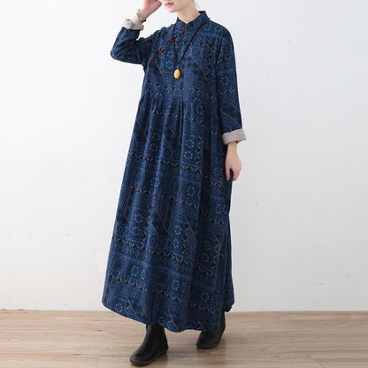 Blue Loose Vintage Button  Linen Print Dress