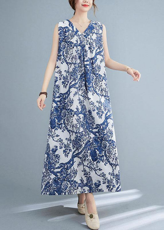 DIY Blue Loose Print V Neck Summer Vacation Dress Sleeveless