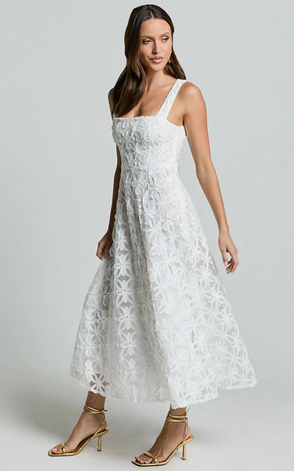 Clarissa Midi Dress - Square Neck Open Back A Line Dress in White