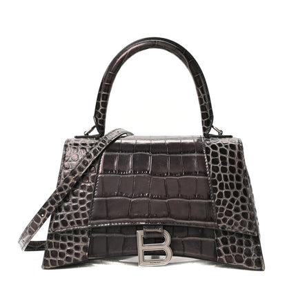 Shiny Calfskin Crocodile Embossed Small Hourglass Top Handle Bag Dark Grey