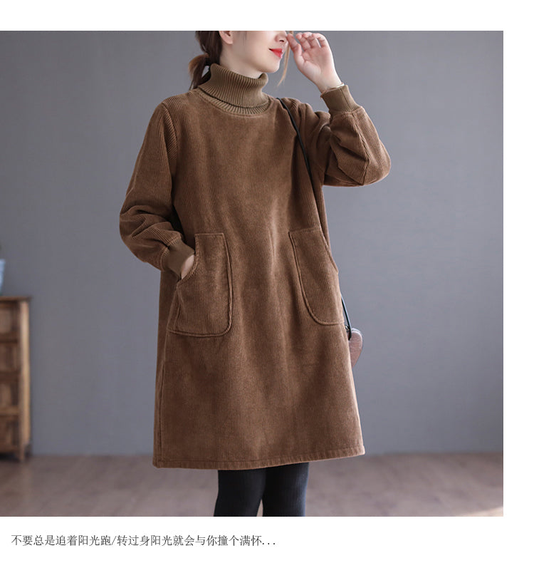 Corduroy Solid Color Plus Velvet Thick Loose Turtleneck Top