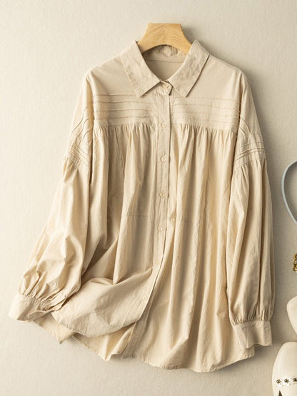 100% Natural Fabric Pleated Loose Shirt In Solid Color