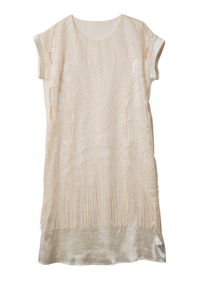 Chic Beige Tasseled False Two Pieces Patchwork Chiffon Dress Summer
