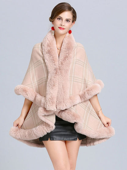 Women Poncho Wrap Faux Fur Collar Double Layer