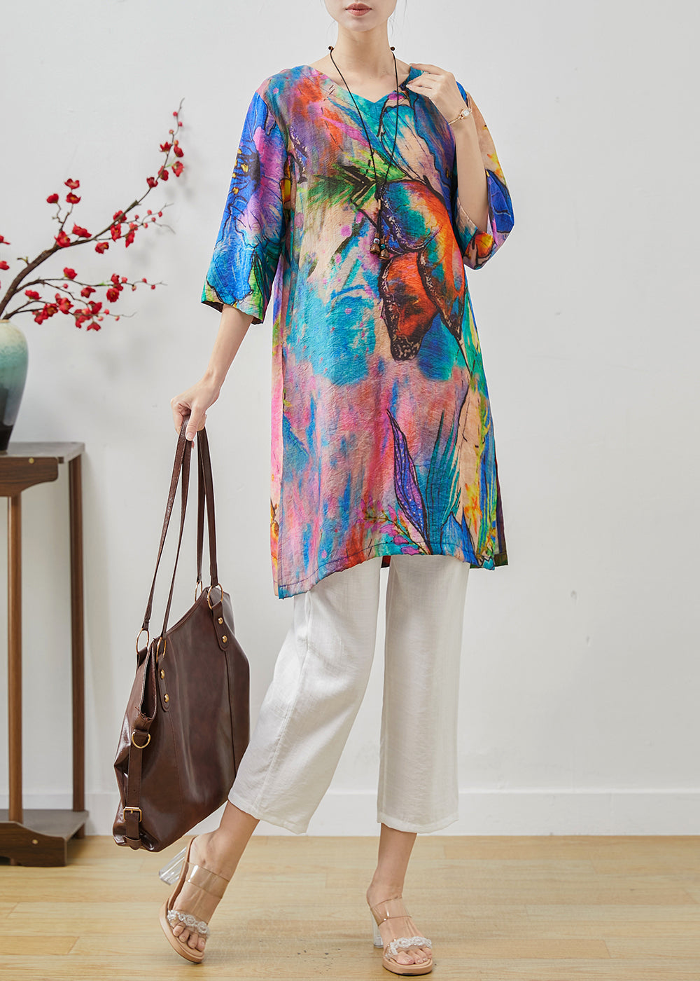 Elegant Blue Butterfly Tie Dye Linen Two Pieces Set Summer