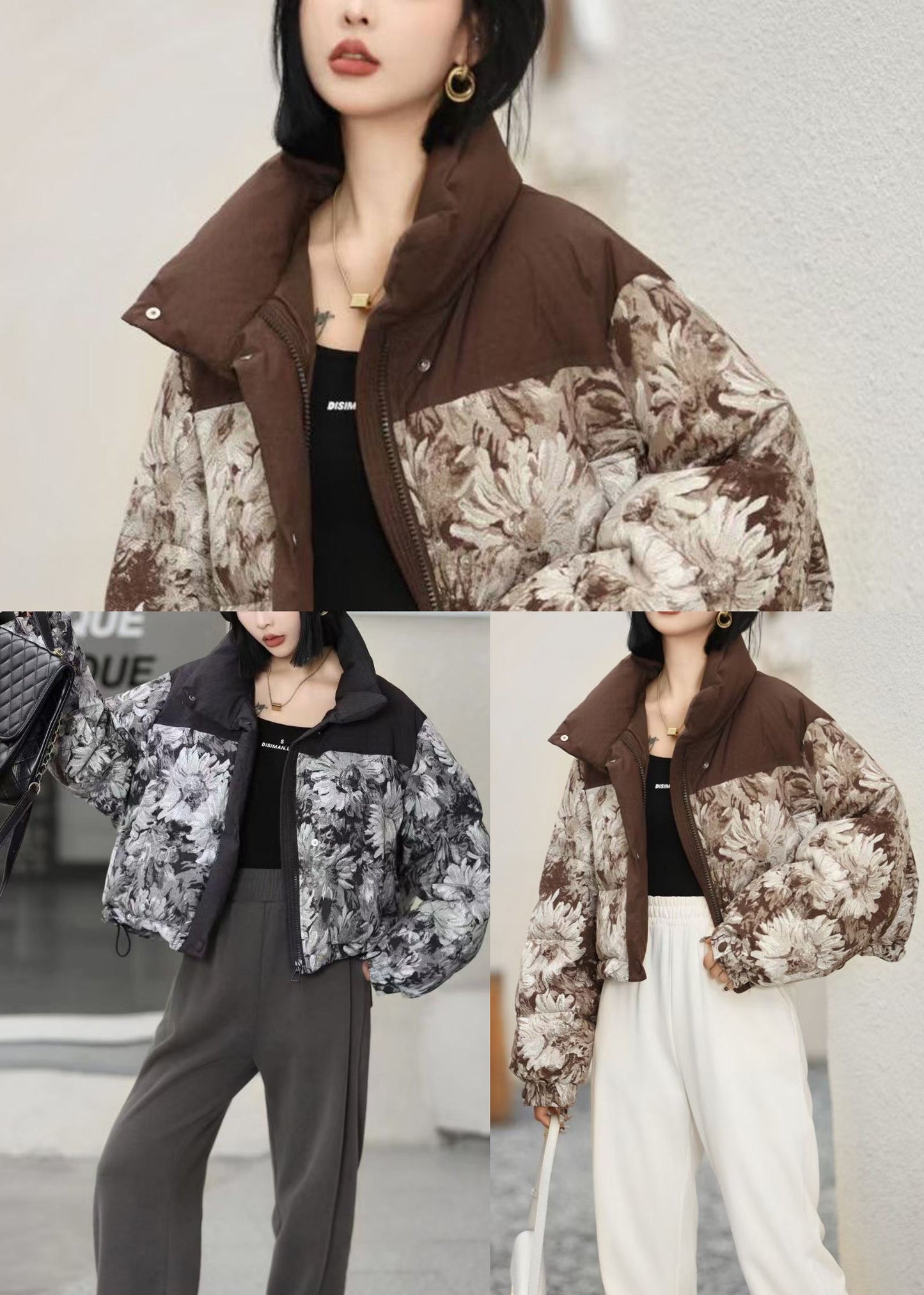 Women Black Oversized Print Duck Down Puffer Jacket Winter