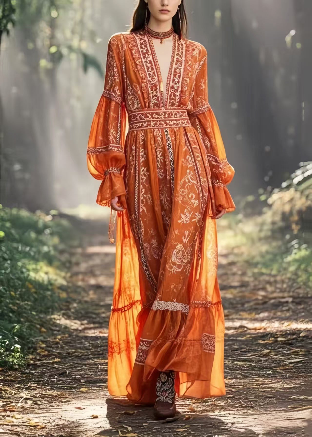 Italian Orange Cinched Print Chiffon Holiday Dress Spring