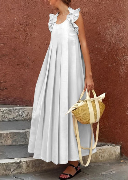 Women Apricot Ruffled Solid Cotton Long Dress Sleeveless
