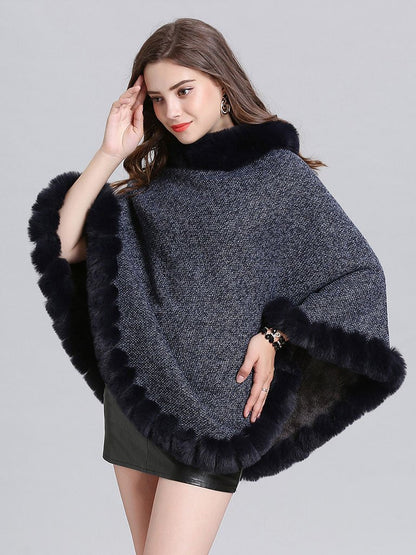 Women Woolen Poncho Faux Fur Shawl Collar Oversized Winter Coat