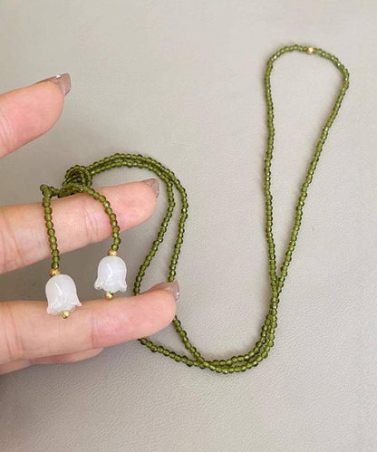 Handmade Green Weave Crystal Lily Of the Valley Beading Pendant Necklace