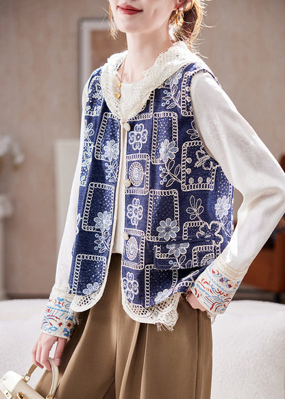 Italian Blue V Neck Print Hollow Out Denim Waistcoat Sleeveless