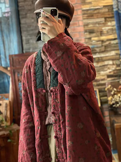Women Print Washed Linen Padded Coat