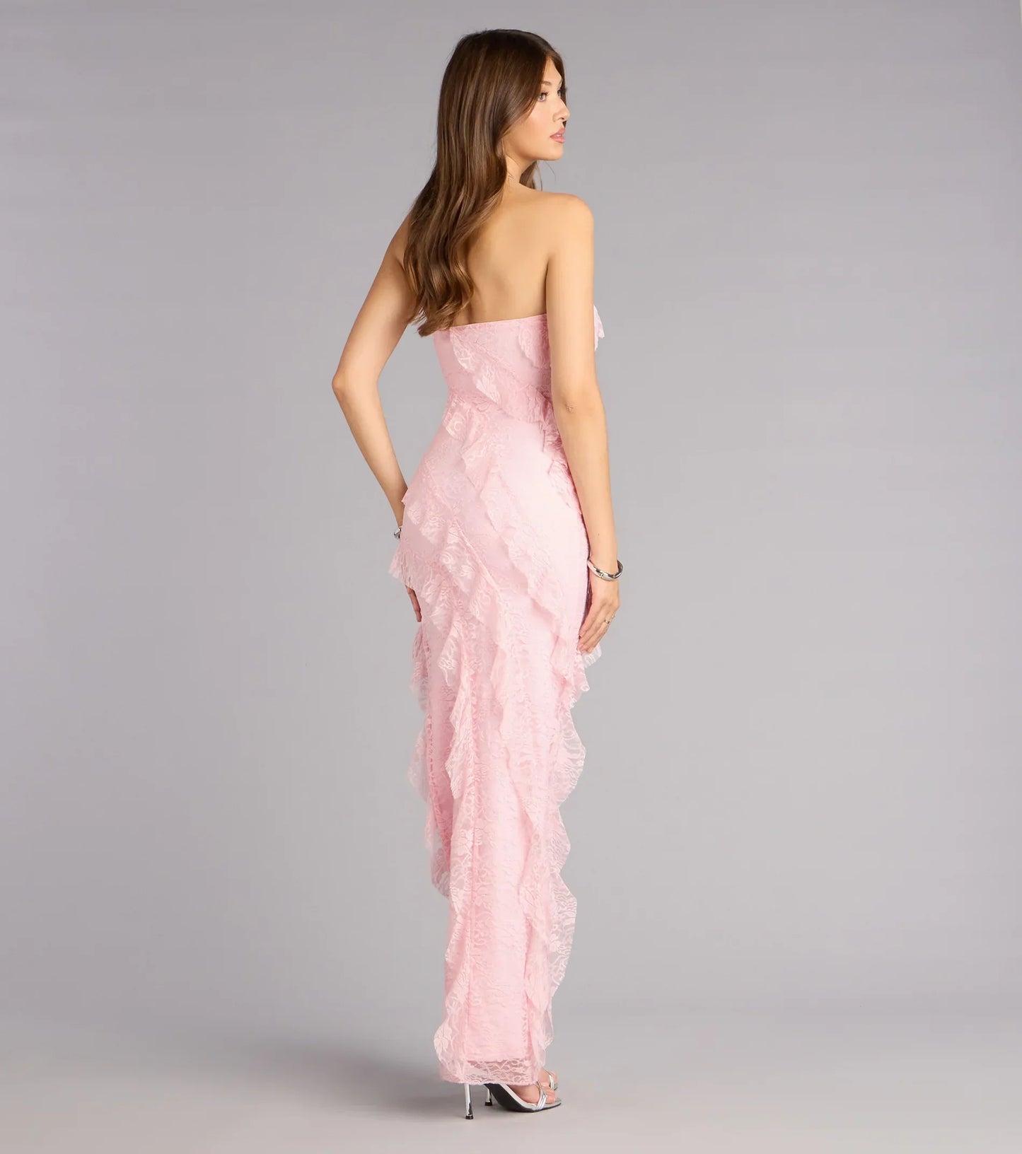 Ellie Ruffled Lace High Slit Formal Dress