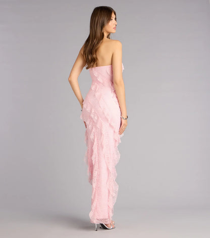 Ellie Ruffled Lace High Slit Formal Dress