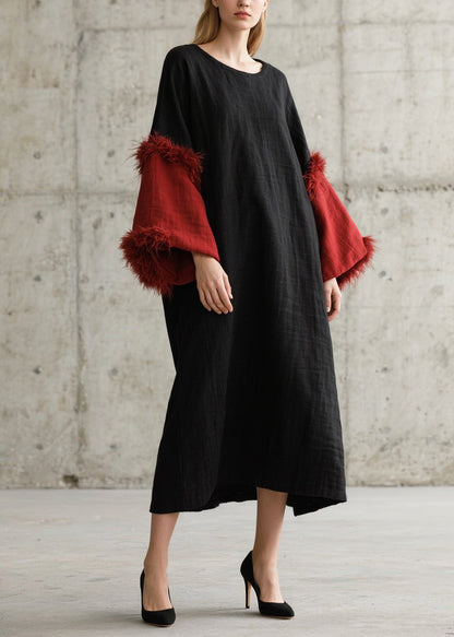 Art Black O-Neck Patchwork Faux Fur Dresses Flare Sleeve
